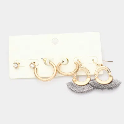 Fashnzfab 3pairs - Round Stone Metal Hoop Tassel Fringe Earrings In Gray