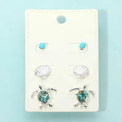 Fashnzfab 3pairs - Sea Shell Sea Turtle Stud Earring Set In Multi