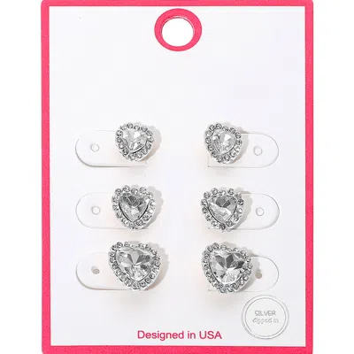 Fashnzfab 3pairs - Silver Dipped Graduated Size Crystal Heart Stud Earring Set In Metallic