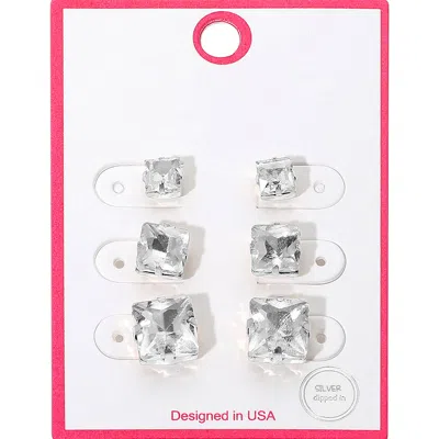 Fashnzfab 3pairs - Silver Dipped Graduated Size Square Crystal Stud Earring Set In Multi