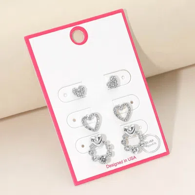 Fashnzfab 3pairs - Silver Dipped Heart Wreath Stud Earring Set Rhodium In Metallic