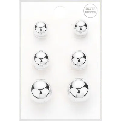 Fashnzfab 3pairs - Silver Dipped Metal Ball Stud Earrings Set In Metallic