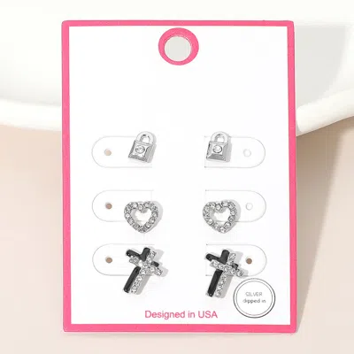 Fashnzfab 3pairs - Silver Dipped Stone Pave Mini Lock Heart Double Cross Stud Earring Set Silver In Metallic