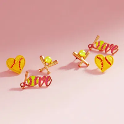 Fashnzfab 3pairs - Softball-themed Stud Earring Set In Multi