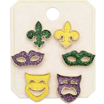 Fashnzfab 3pairs - Sparkly Enamel Mardi Gras Fleur De Lis Mask Stud Earring Set In Multi