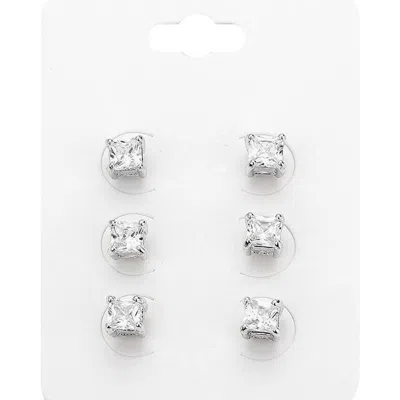 Fashnzfab 3pairs - Square Stone Stud Earrings - Clear, Rhodium In Multi