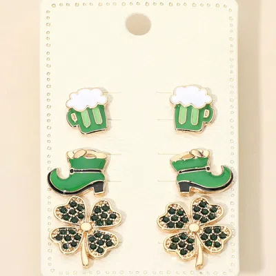 Fashnzfab 3pairs - St Patricks Clover Boot Beer Mug Stud Earring Set In Gold