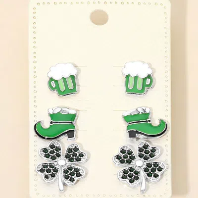 Fashnzfab 3pairs - St Patricks Clover Boot Beer Mug Stud Earring Set In Silver