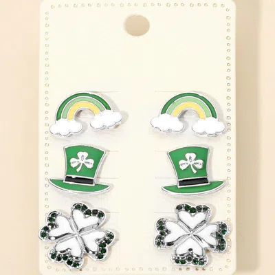 Fashnzfab 3pairs - St Patricks Clover Hat Rainbow Stud Earring Set In Silver