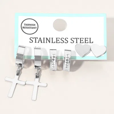 Fashnzfab 3pairs - Stainless Steel Cross Drop Dangle Rhinestone Line Huggie Mini Hoop Heart Stud Earring Set C In Metallic