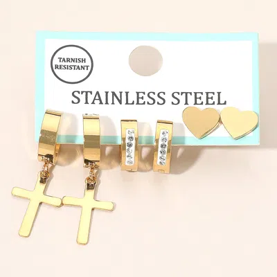 Fashnzfab 3pairs - Stainless Steel Cross Drop Dangle Rhinestone Line Huggie Mini Hoop Heart Stud Earring Set In Gold
