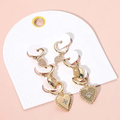 Fashnzfab 3pairs - Stone Accent Heart Dangle Mini Huggie Hoop Earring Set In Multi