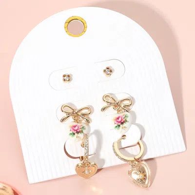 Fashnzfab 3pairs - Stone Cluster Metal Bow Floral Ceramic Heart Dangle Mearl Heart Dangle Earring Set In Multi