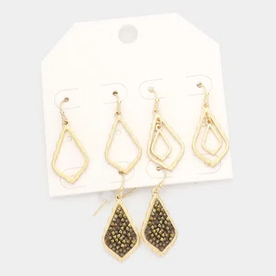 Fashnzfab 3pairs - Stone Cluster Petal Dangle Earrings - Bronze In Gold
