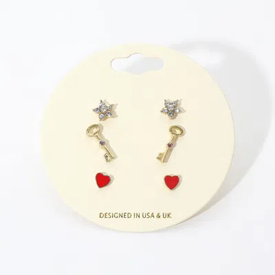 Fashnzfab 3pairs - Stone Embellished Star Key Enamel Heart Stud Earrings - Gold, Red