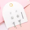 Fashnzfab 3pairs - Stone Pointed Stainless Steel Flower Butterfly Earring Set - Clear, Silver In Silver