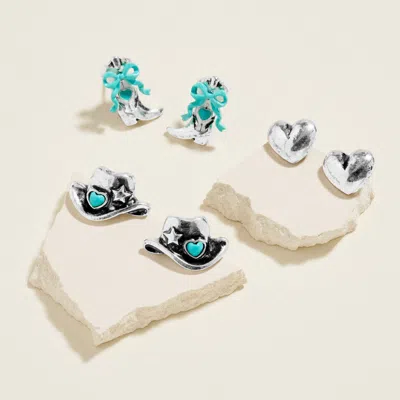 Fashnzfab 3pairs - Western Cowboy Hat Boot Heart Stud Earrings In Multi