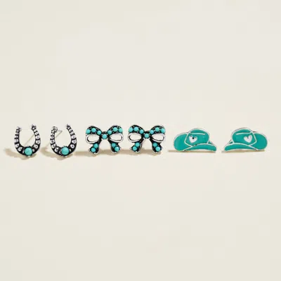 Fashnzfab 3pairs - Western Horseshoe Bow Cowboy Hat Stud Earring Set In Multi