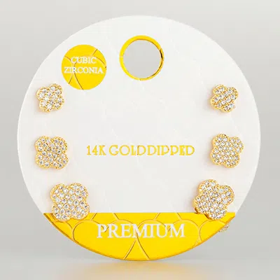 Fashnzfab 3pairs - 14k Gold Dipped Cz Pave Mini Quatrefoil Stud Earring Set