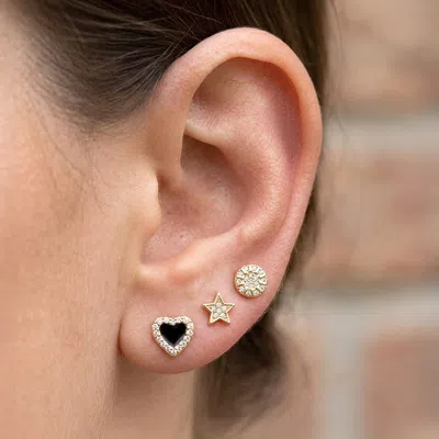 Fashnzfab 3pairs - 14k Gold Dipped Cz Pave Mini Star Disc Heart Stud Earring Set In Gray