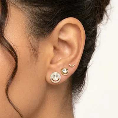 Fashnzfab 3pairs - 14k Gold Dipped Mini Cz Pave Smile Face Stud Earring Set