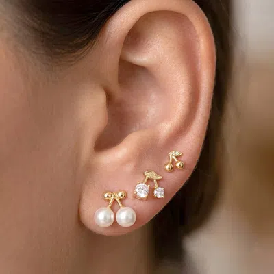 Fashnzfab 3pairs - 14k Gold Dipped Mini Cz Pearl Cherry Stud Earring Set In Metallic