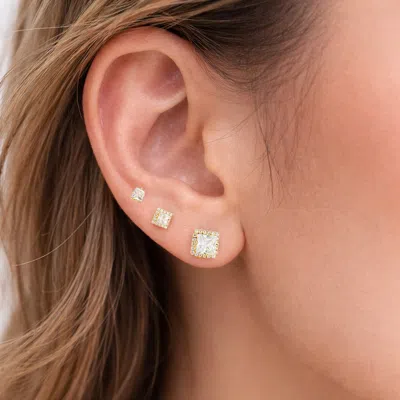 Fashnzfab 3pairs - 14k Gold Dipped Mini Cz Square Stud Earring Set In Metallic