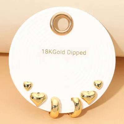Fashnzfab 3pairs - 18k Gold Dipped Mini Heart Stud Huggie Hoop Earring Set