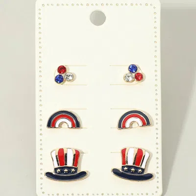 Fashnzfab 3pairs - American Usa Patriotic Rainbow Hat Stud Earring Set In Multi