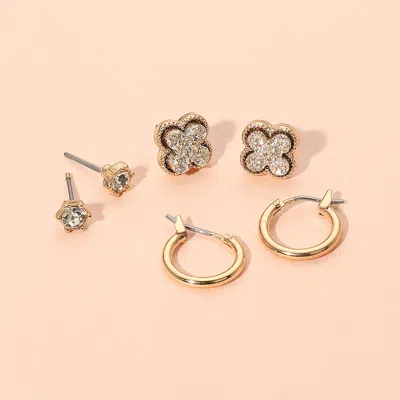 Fashnzfab 3pairs - Brass Metal Round Stone Druzy Quatrefoil Hoop Earring Set In Gold