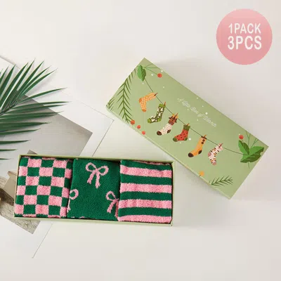 Fashnzfab 3pairs - Checkered Striped Bow Pattern Cozy Fuzzy Socks Gift Set In Multi