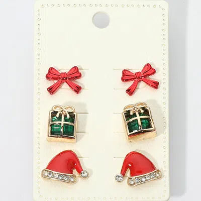 Fashnzfab 3pairs - Christmas Bow Gift Box Santa Hat Stud Earring Set In Red
