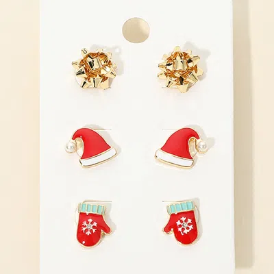 Fashnzfab 3pairs - Christmas Bow Hat Mitten Stud Earring Set In Gold