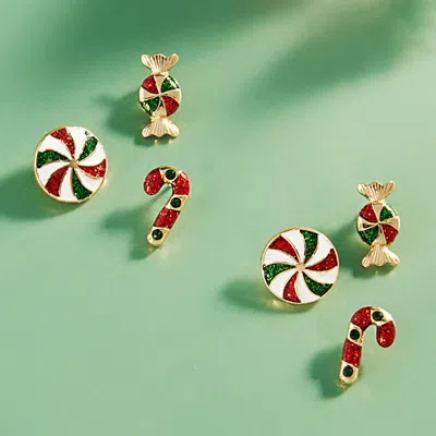 Fashnzfab 3pairs - Christmas Candy Cane Stud Earrings In Gold