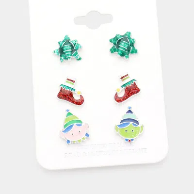Fashnzfab 3pairs - Christmas Gift Bow Glittered Elf Stud Earrings In Multi