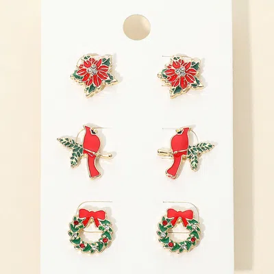 Fashnzfab 3pairs - Christmas Poinsettia Cardinal Wreath Stud Earrings In Green