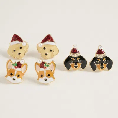 Fashnzfab 3pairs - Christmas Puppy Face Stud Earring Set In Gold