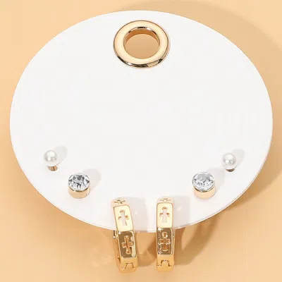 Fashnzfab 3pairs - Cross Cutout Metal Hoop Pearl Round Stone Stud Earring Set In Gold