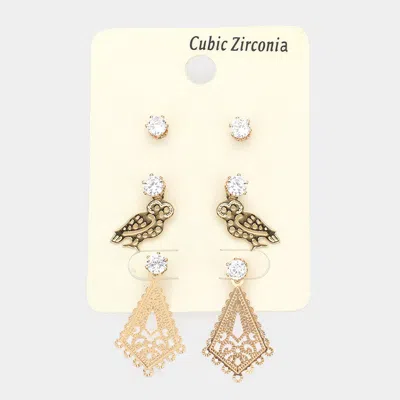 Fashnzfab 3pairs - Crystal Cubic Zirconia Cz Owl Stud Earring Set In Gold