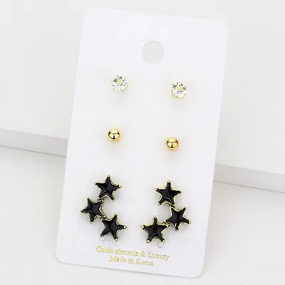 Fashnzfab 3pairs - Cz Round Metal Ball Enamel Triple Star Stud Earrings In Gold