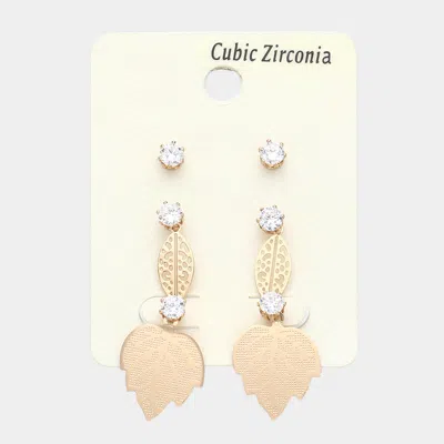 Fashnzfab 3pairs - Cz Stone Pointed Leaf Stud Earring Set In Pink