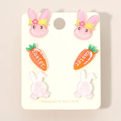 Fashnzfab 3pairs - Easter Bunny Carrot Stud Earring Set In Multi