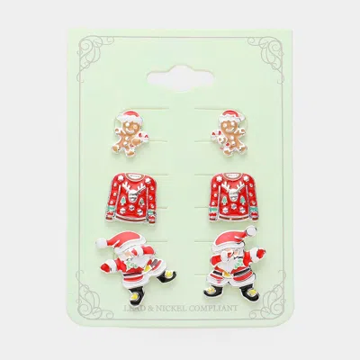 Fashnzfab 3pairs - Enamel Christmas Gingerbread Man Sweater Santa Stud Earring Set In Multi