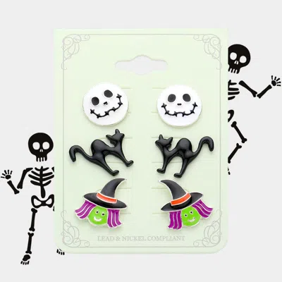 Fashnzfab 3pairs - Enamel Halloween Ghost Cat Witch Stud Earring Set In Multi