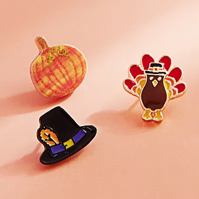 Fashnzfab 3pairs - Enamel Thanksgiving Turkey Pumpkin Hat Stud Earring Set In Red