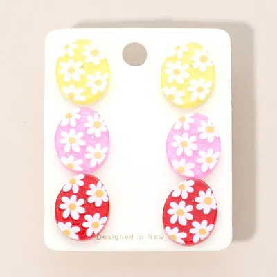 Fashnzfab 3pairs - Flower Patterned Glittered Resin Easter Egg Stud Earrings M2 In Multi
