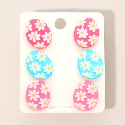 Fashnzfab 3pairs - Flower Patterned Glittered Resin Easter Egg Stud Earrings M3 In Multi