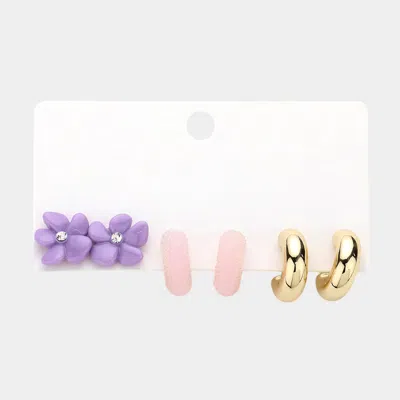 Fashnzfab 3pairs - Flower Stud Hoop Earrings Set In Gold