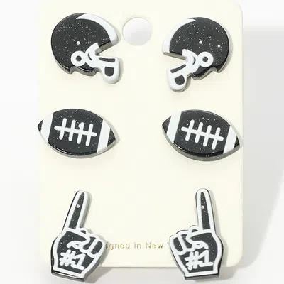 Fashnzfab 3pairs - Game Day Football Helmet Ball Number One Sign Stud Earring Set In Black