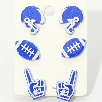 Fashnzfab 3pairs - Game Day Football Helmet Ball Number One Sign Stud Earring Set In Blue